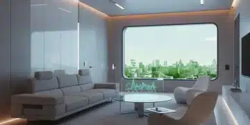 Futuristic smart living room with integrated devices and energy monitoring display.