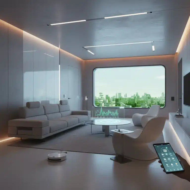 Futuristic smart living room with integrated devices and energy monitoring display.