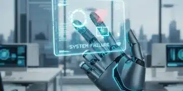 Hand holding futuristic smartphone with tech glitch icons
