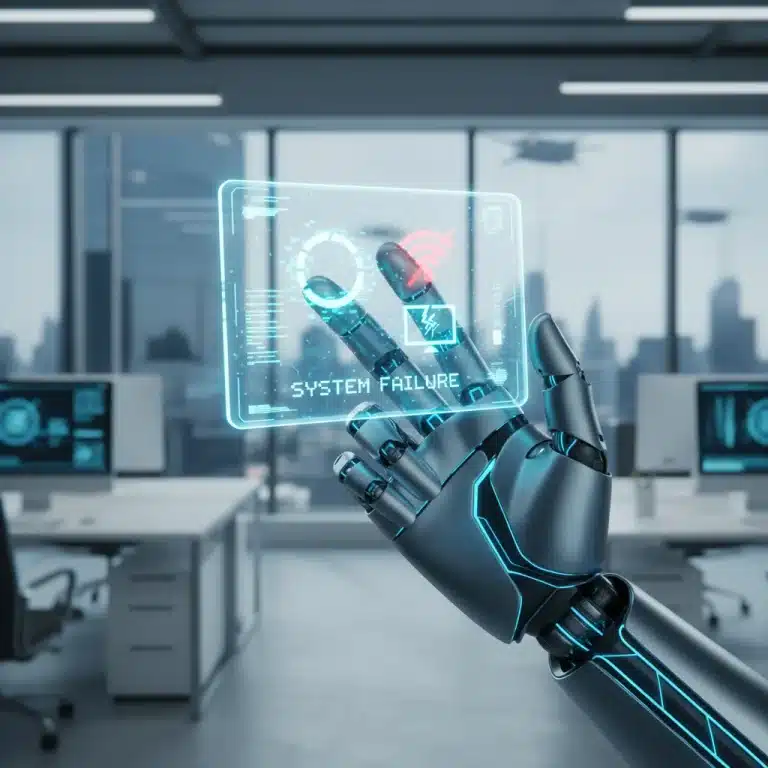 Hand holding futuristic smartphone with tech glitch icons