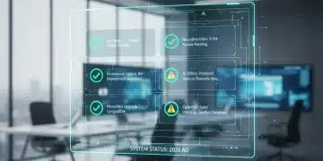 Futuristic interface with software update notifications and caution signs, representing update dilemmas.