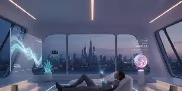 Futuristic living room with person voice controlling smart home devices.