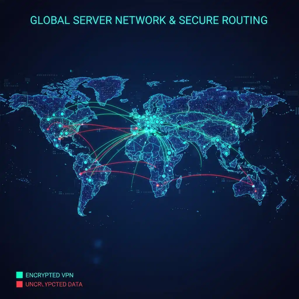 World map showing global VPN server network with secure green connections and unencrypted red paths.