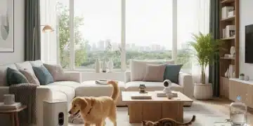 Happy dog and cat enjoying smart home pet devices in a modern living room.