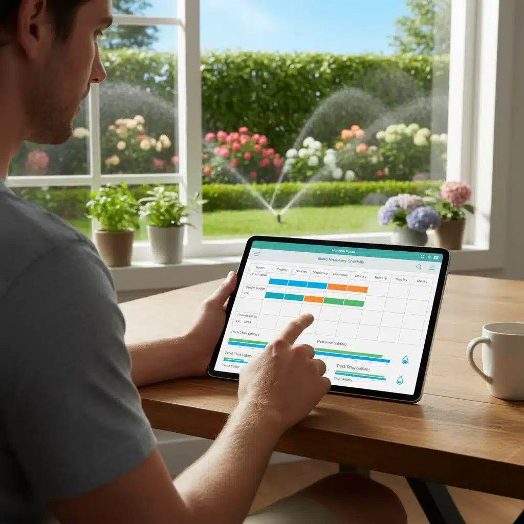 Homeowner checking smart irrigation app on tablet.