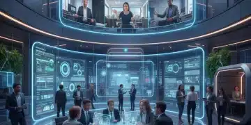 Diverse professionals collaborating in a modern hybrid work environment, showcasing technology integration.