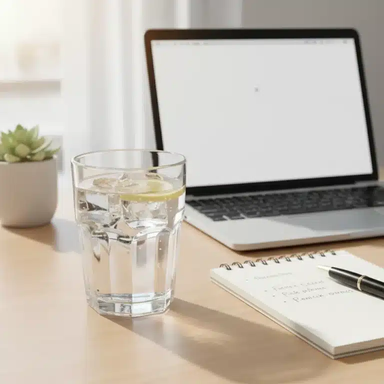 Glass of water on a desk, symbolizing clear thinking and productivity.
