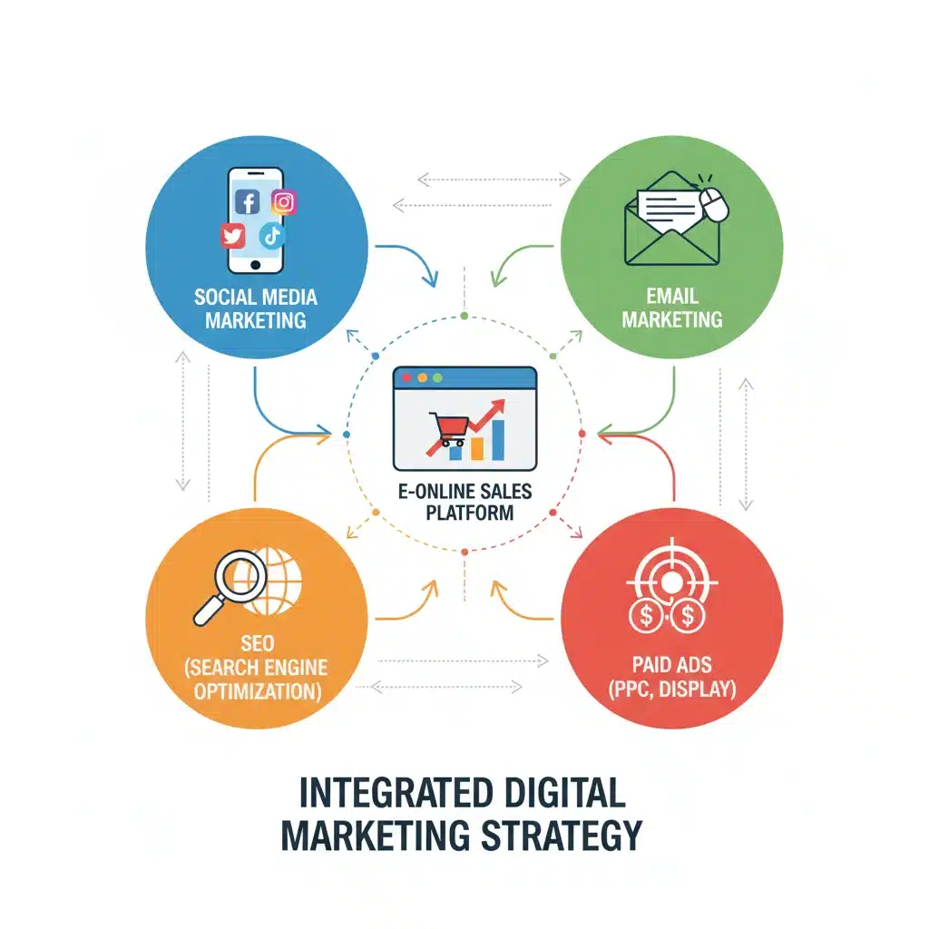 Infographic depicting integrated digital marketing channels driving e-commerce sales.