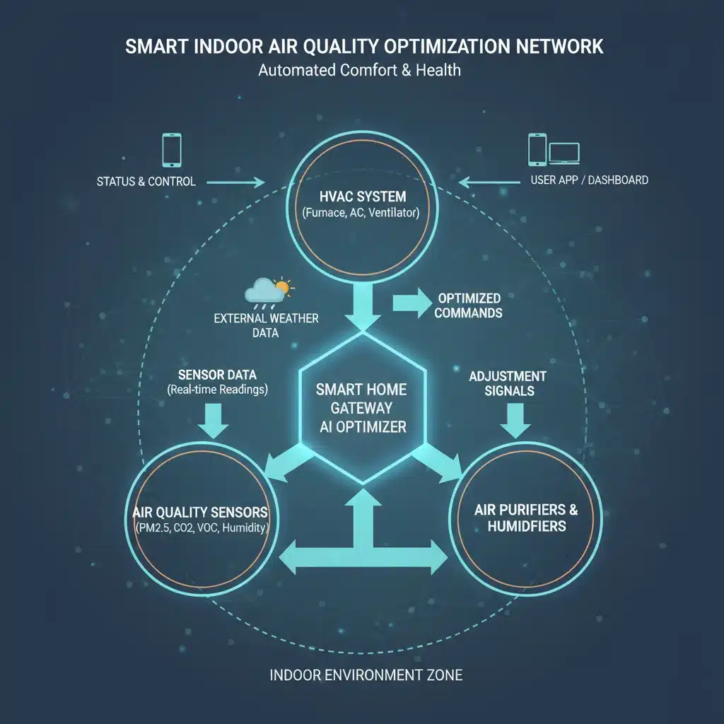 Infographic showing integrated smart home devices for optimal indoor air quality management.