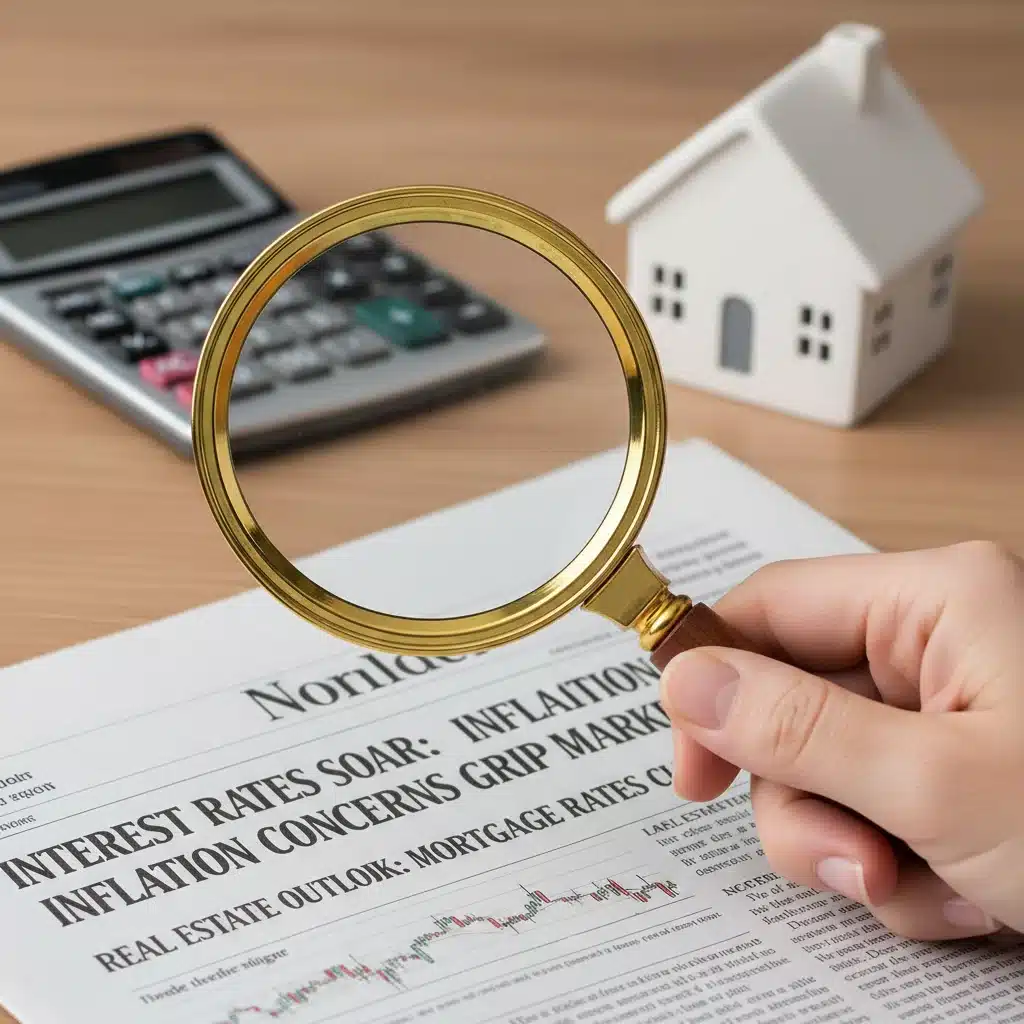 Hand with magnifying glass analyzing interest rates and housing finance