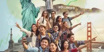 International tourists visiting iconic US landmarks, symbolizing travel recovery