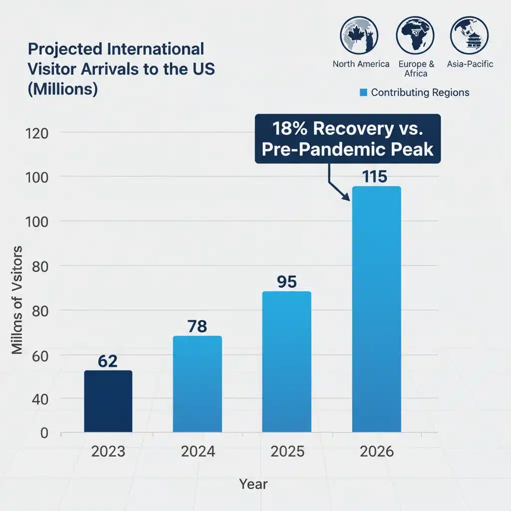 Bar chart showing projected international visitor recovery to the US by 2026
