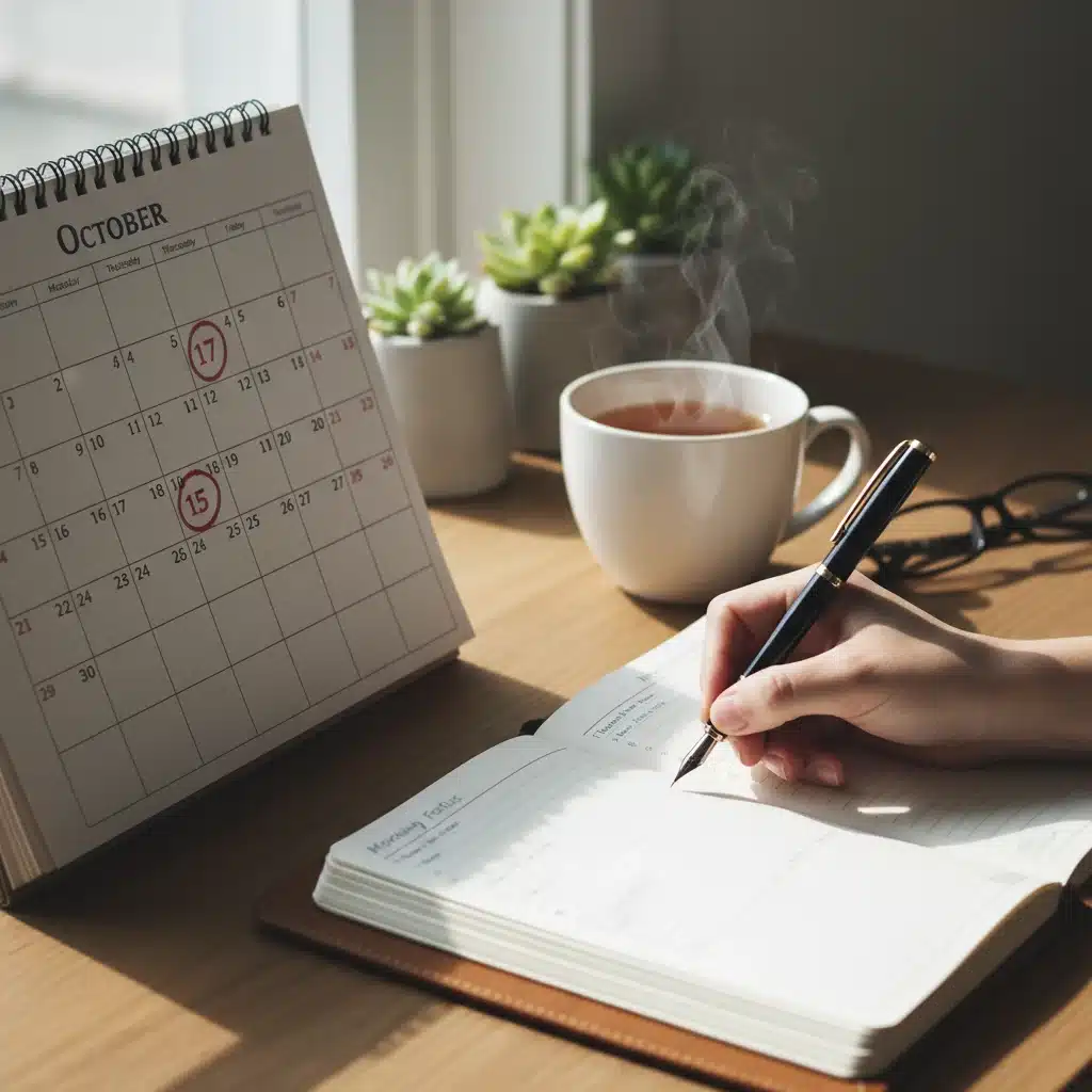 Hand writing in a journal with a circled calendar date, symbolizing habit formation