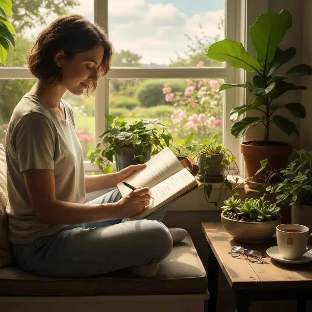 Person journaling with gratitude, fostering a positive mindset.