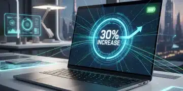 Modern laptop with battery increase graphic on screen