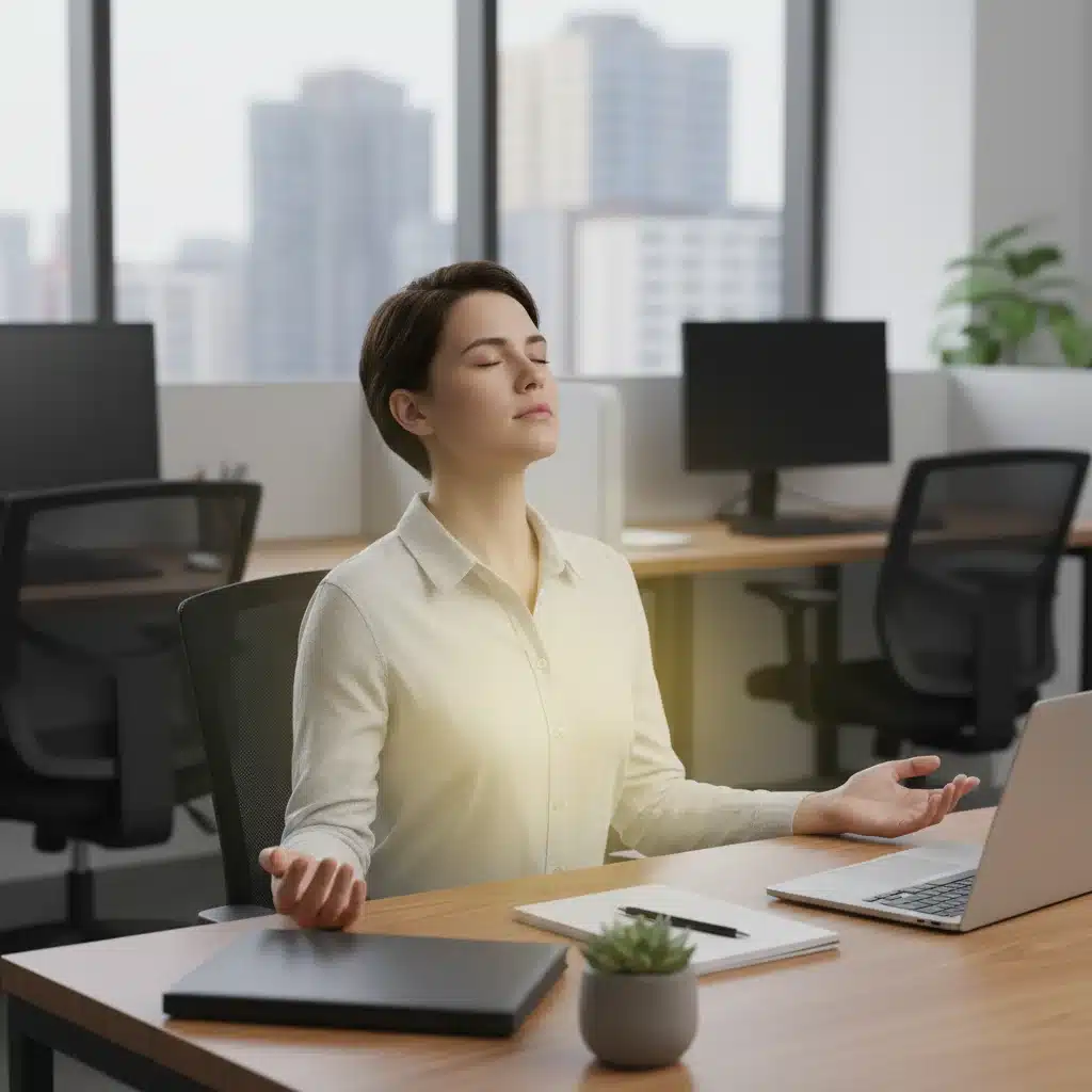 Individual practicing mindful breathing at their desk to alleviate work pressure