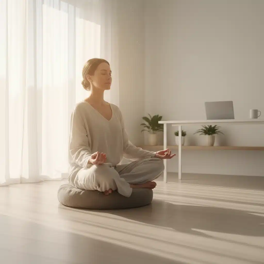 Person meditating peacefully in a home office, practicing mindfulness.