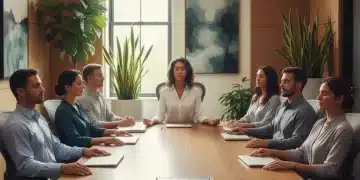 Professionals practicing mindfulness in a modern office to reduce workplace stress