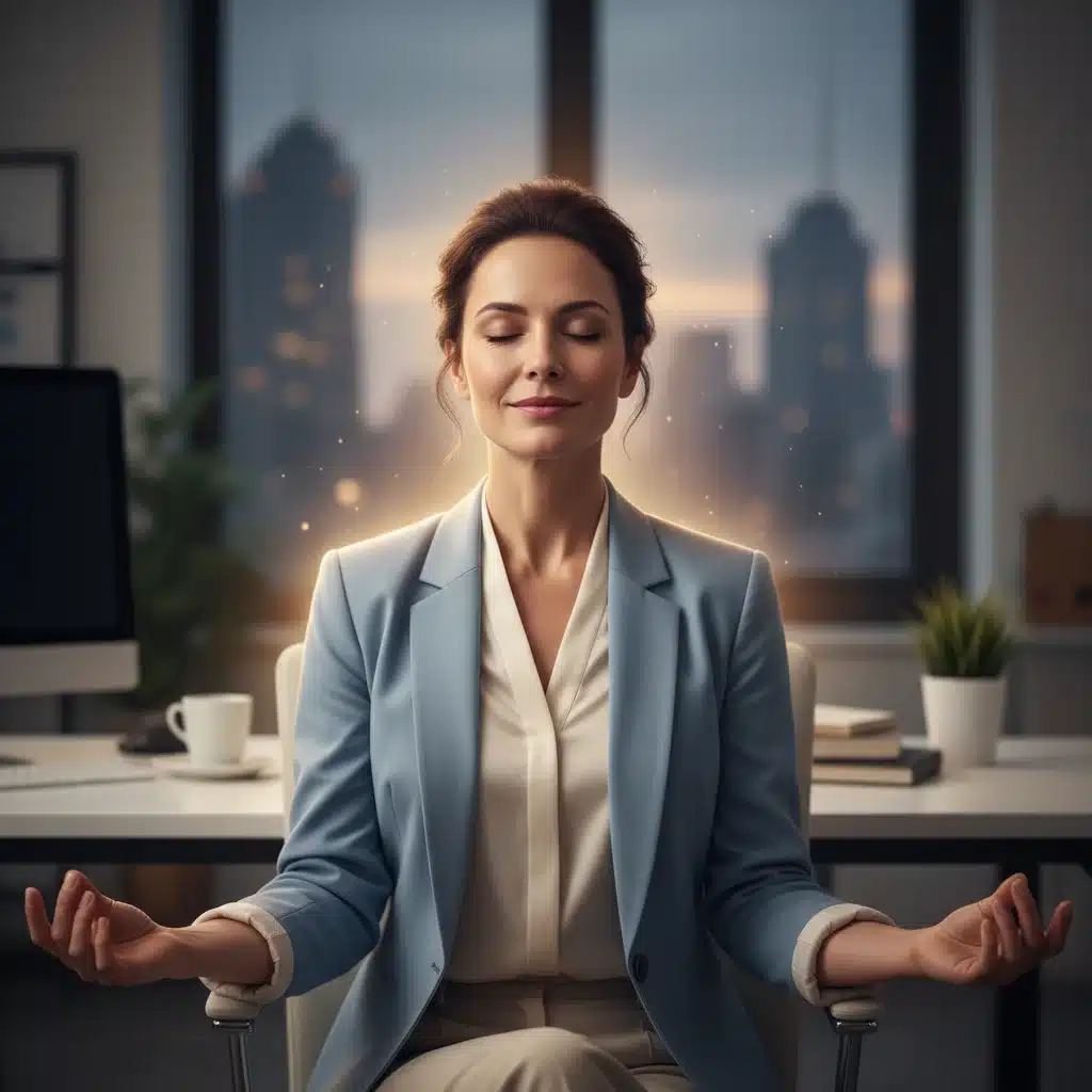 Professional woman practicing mindfulness at her desk, demonstrating mental clarity and focus.