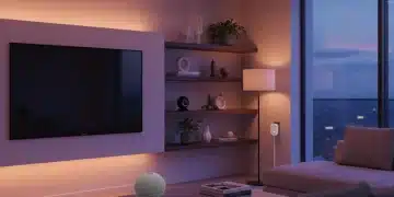 Modern living room with affordable smart home gadgets, smart speaker, smart lighting, and security camera.