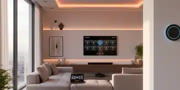 Modern living room with smart home technology integration, enhancing property value.