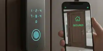Modern smart lock on a wooden door with smartphone app, symbolizing enhanced home security.