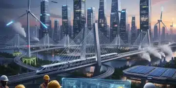 Modern US infrastructure development with new bridges and renewable energy
