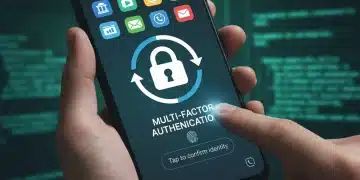 Hand holding smartphone showing multi-factor authentication app with secure lock icon.