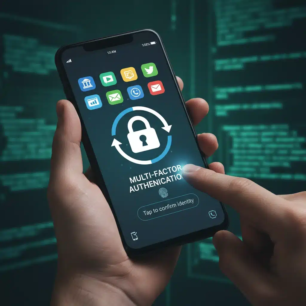 Hand holding smartphone showing multi-factor authentication app with secure lock icon.