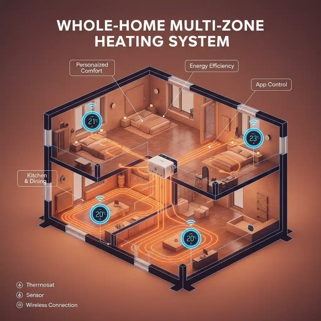 Diagram showing multi-zone smart thermostat heating in a home