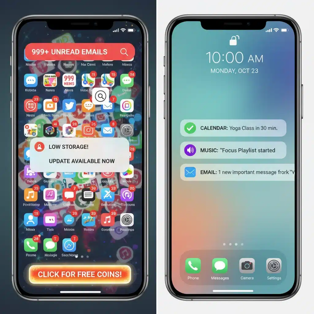 Comparison of cluttered versus organized smartphone notifications, highlighting digital well-being.