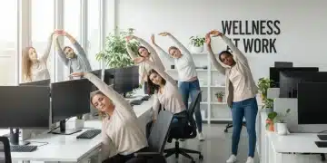 Office workers performing a 10-minute desk stretch routine to prevent aches and improve well-being.
