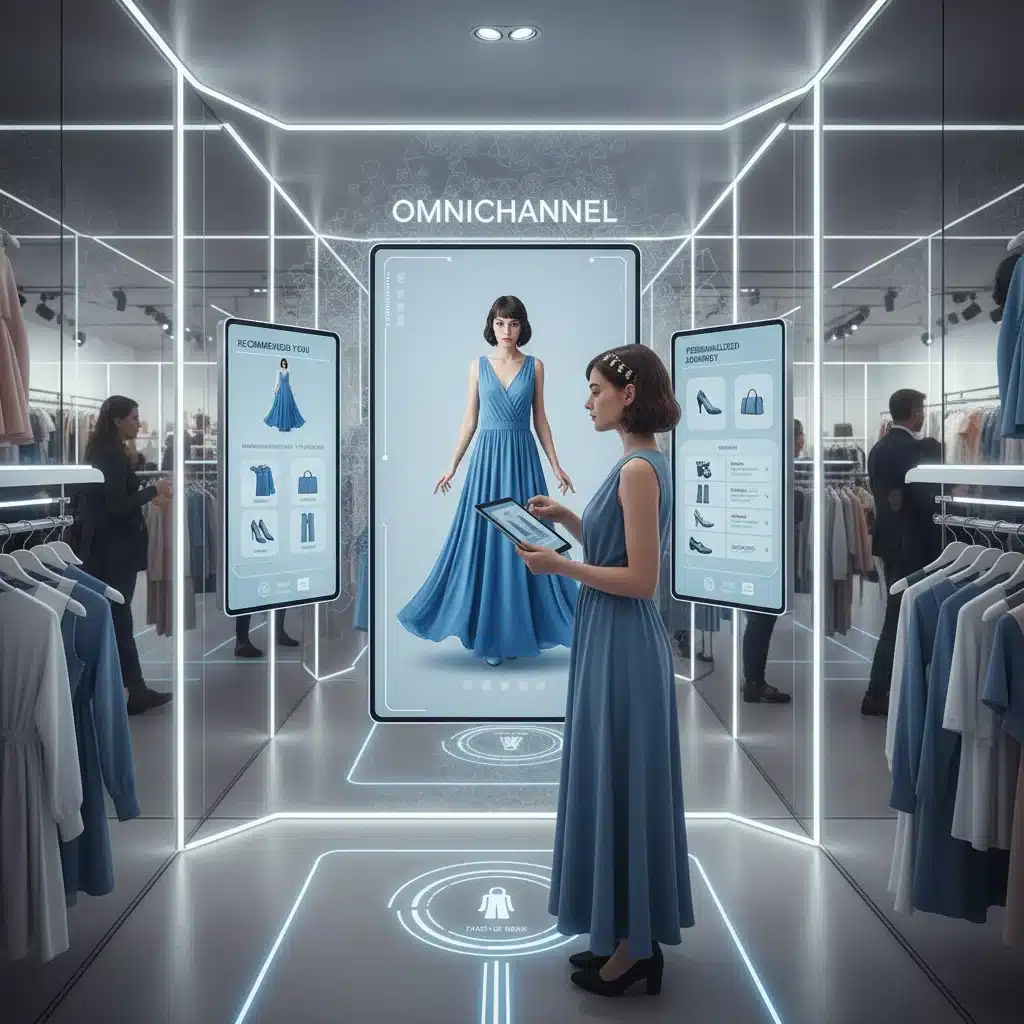 Omnichannel retail experience showing a customer interacting with digital tools in a smart fitting room.