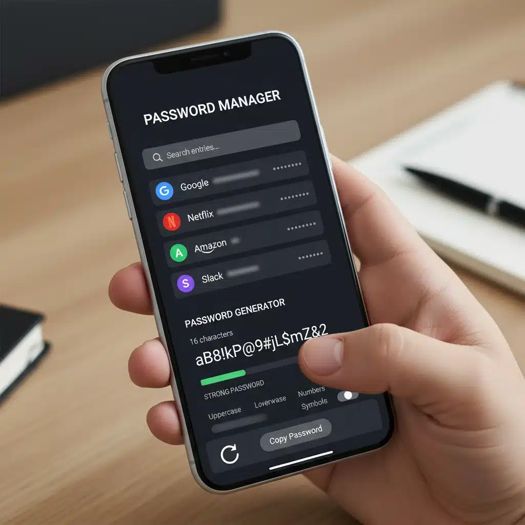 User interacting with a password manager app on a smartphone, showing organized logins.