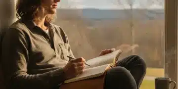 Person reflecting with notebook and pen by a window, fostering self-awareness