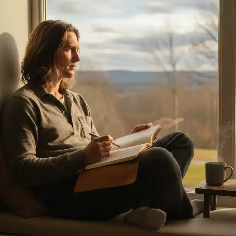 Person reflecting with notebook and pen by a window, fostering self-awareness