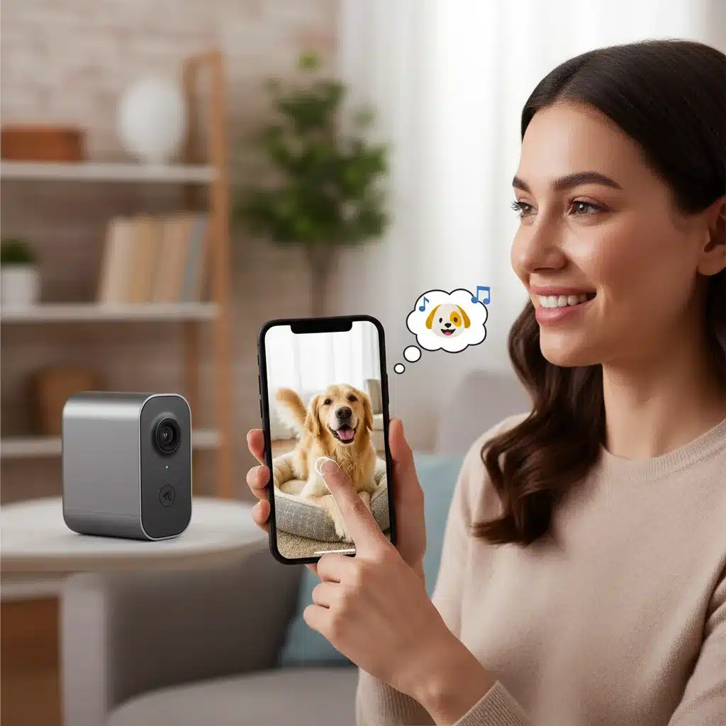 Pet owner video calling dog through a smart pet camera.