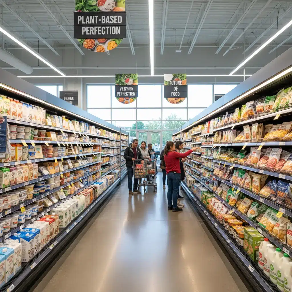 Grocery aisle with various plant-based food options