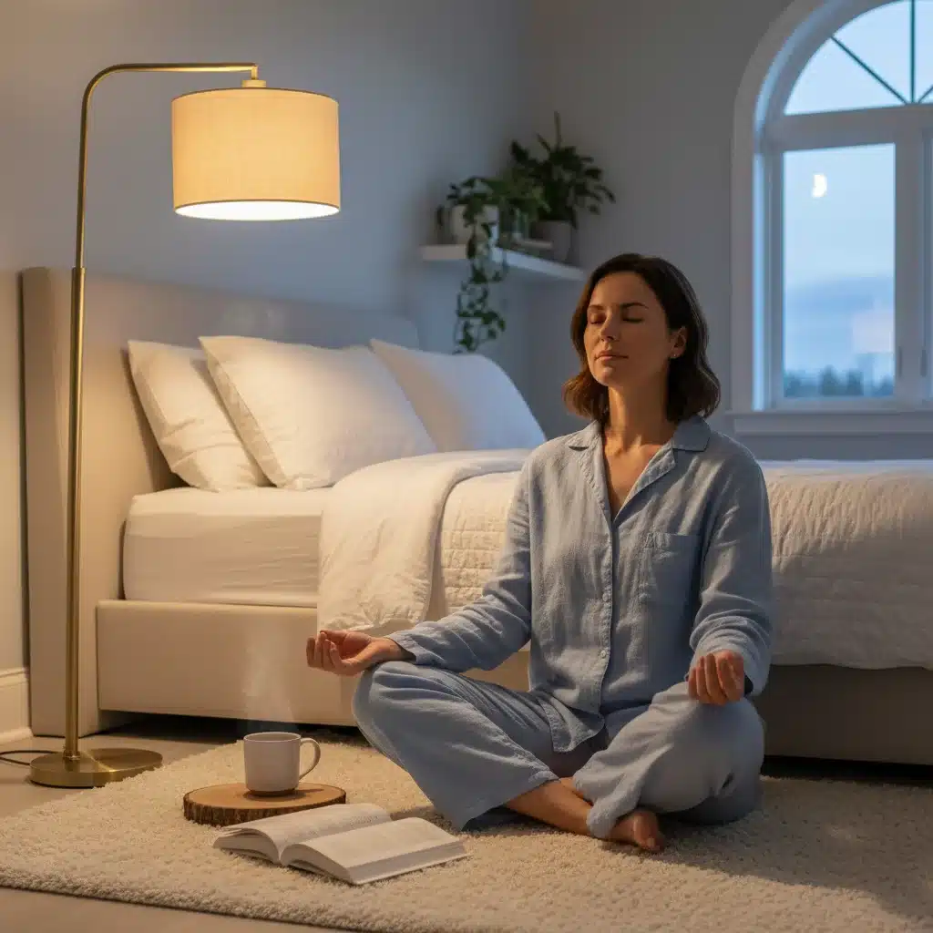 Person performing a calming pre-sleep routine like reading or stretching, promoting relaxation.