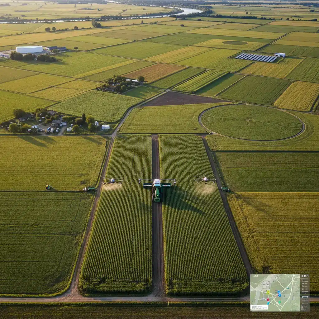 Aerial view of diverse agricultural fields with precision farming technology, demonstrating agri-tech advancements.