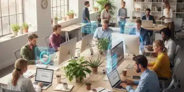 Professionals working productively with balanced screen time in a modern office