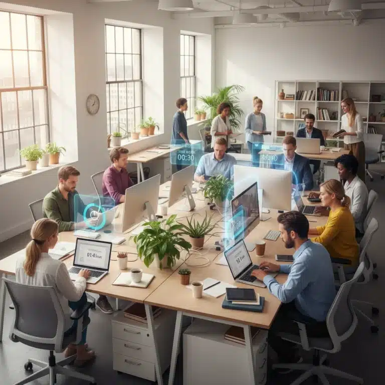 Professionals working productively with balanced screen time in a modern office