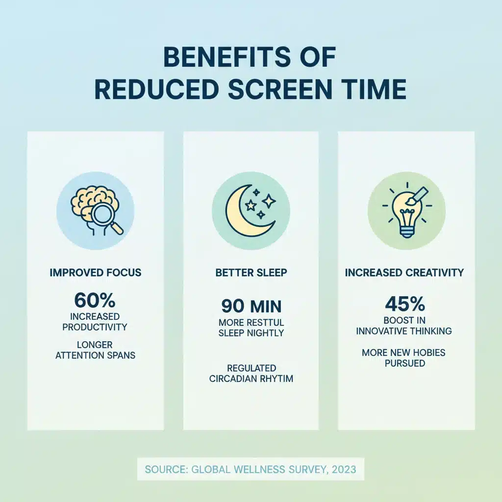 Infographic showing benefits of reduced screen time on focus and well-being
