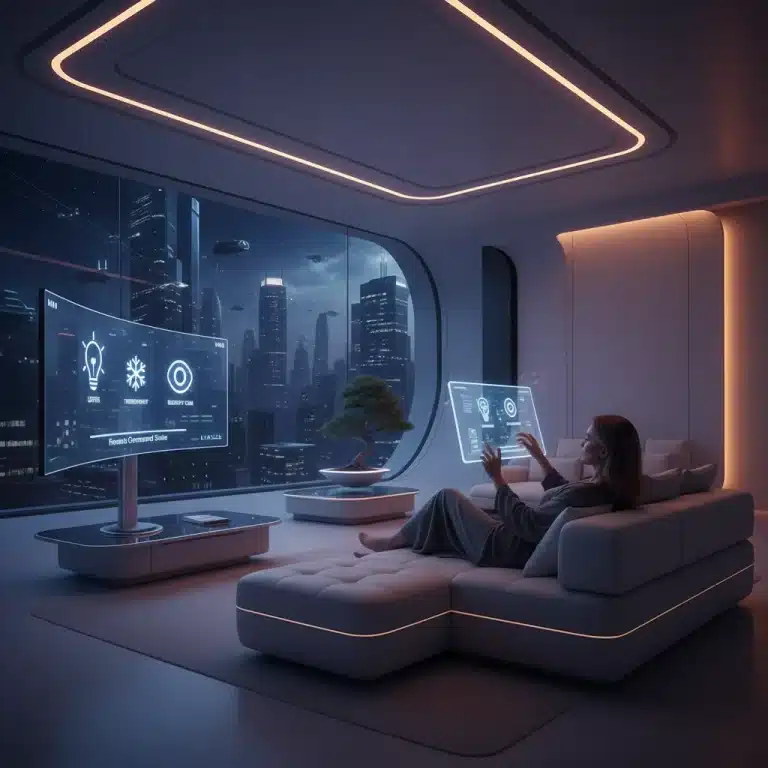 Person remotely controlling smart home devices from a tablet in a modern living room