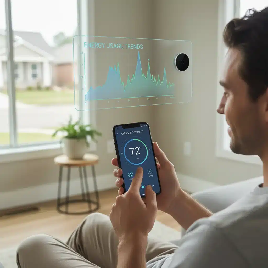 Person remotely controlling smart thermostat with smartphone app