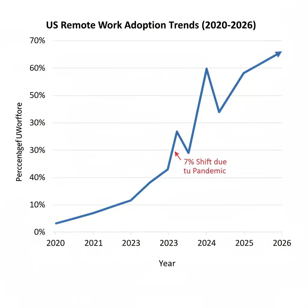 Graph showing the increase in US remote work adoption from 2020 to 2026, highlighting a 7% jump.