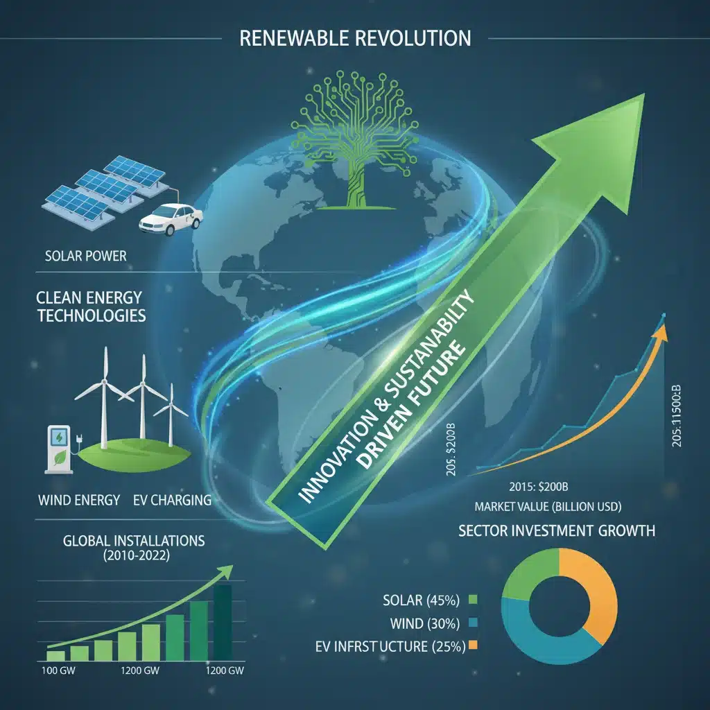 Infographic illustrating renewable energy technologies and their projected market growth.