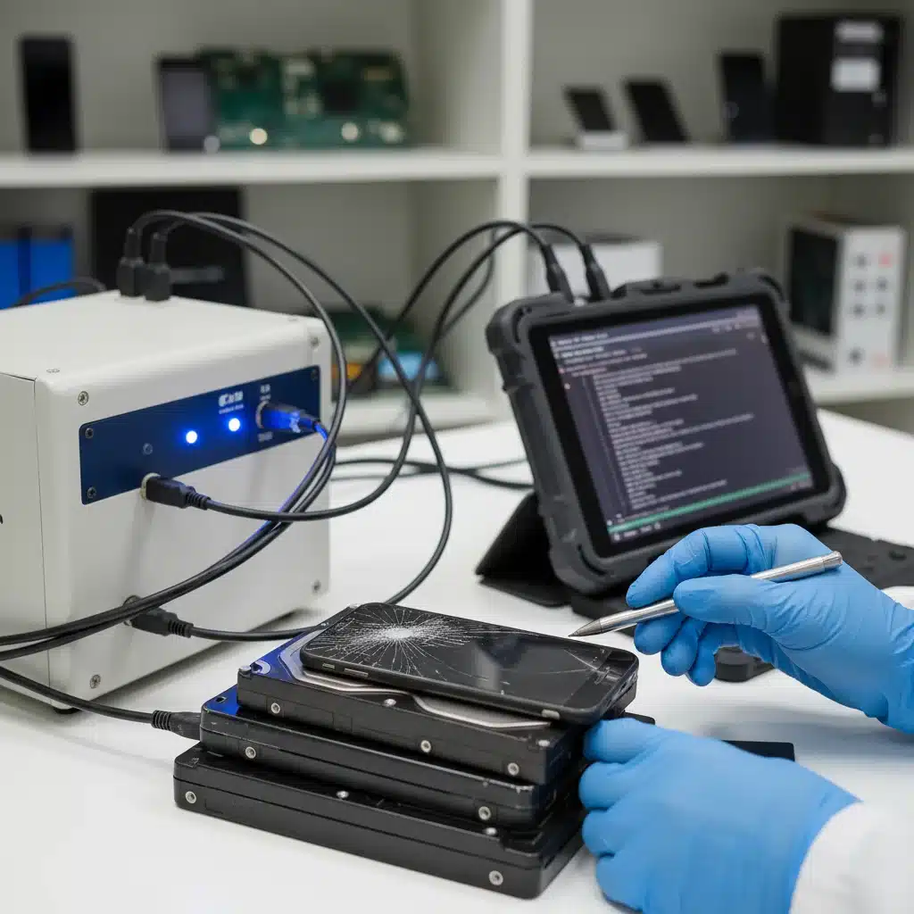 Technician performing secure data wiping on an old electronic device.