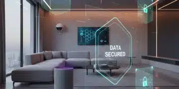 Secure smart home ecosystem with privacy shields and lock icons