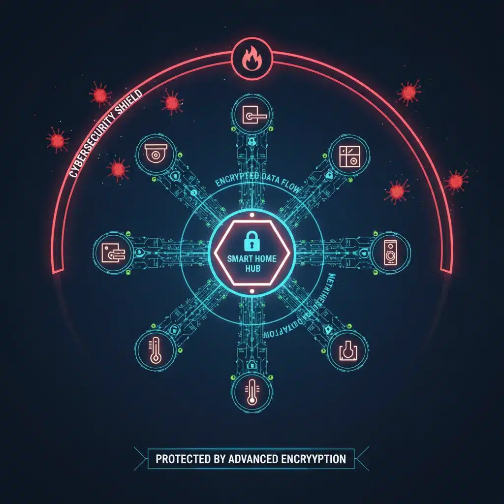 Overhead view of a secure smart home network diagram with encrypted data flow.